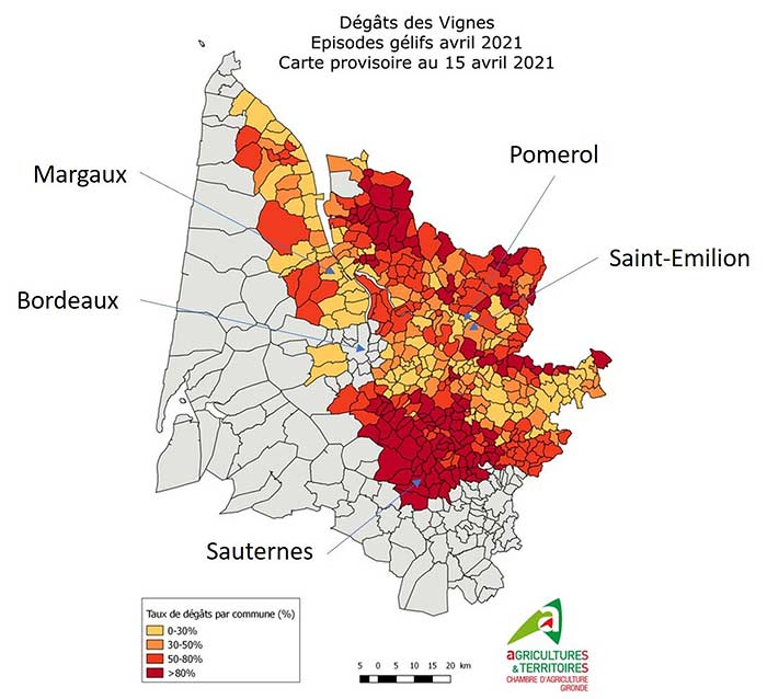 Geschatte schade door vorst in april 2021 - Bron: Agricultures & Territoires - Chambre d'Agriculture Gironde
