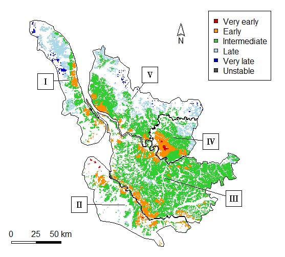 Bordeaux in rijpingszones opgedeeld op basis van temperatuur. Bron: Bois, B., Joly, D., Quénol, H., Pieri, P., Gaudillère, J.-P., Guyon, D., Saur, E., & van Leeuwen, C. (2018). Temperature-based zoning of the Bordeaux wine region. OENO One, 52(4)