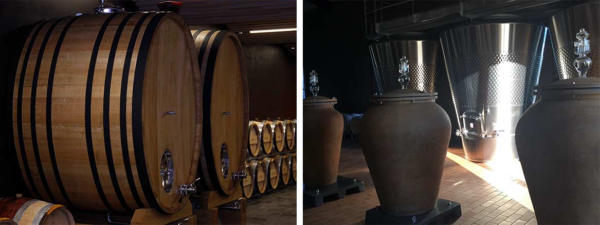Grote vaten bij Château Angélus en amfora's bij Château Beau-Séjour Bécot - Foto's: Simon Bianco en Château Beau-Séjour Becot